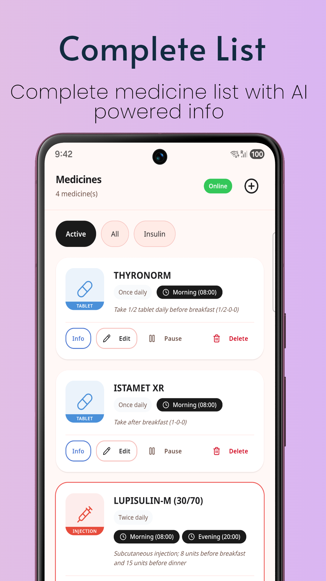 Complete medicine list
